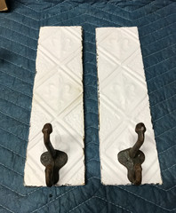 VTG Pair Decorative Tin Ceiling Metal Single Hook Wall Rack Plaque Old 405-26B