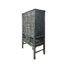 Vintage Distressed Teal Blue Oriental Carving Storage Cabinet ws4991