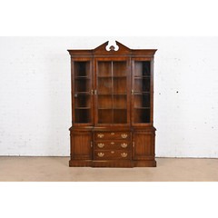 Drexel Heritage Georgian Carved Mahogany Lighted Breakfront Bookcase Cabinet