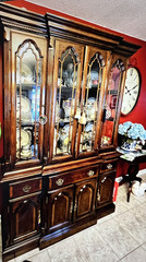 VTG Broyhill Cherry Wood China Cabinet Lighted Display 2 pc Curio Hutch Storage