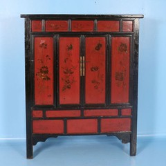 Antique 19th Century Chinese Red Lacquered Cabinet With Flowers