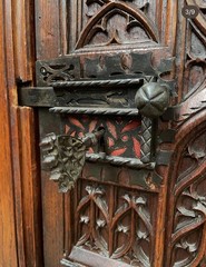 Antique French Gothic Carved Oak Cabinet Heraldic Crest Iron Hardware