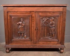 Antique French Cabinet Highly Carved Chestnut Wood w/Boy Girl and Bird (Macaw)