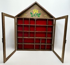 VTG Wooden House Shape Wall Curio Knickknack Display Cabinet Red Velvet Interior