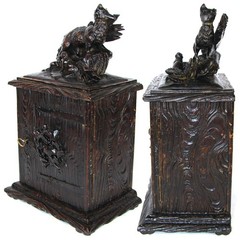 Antique Black Forest Carved 11″ Chest, Cabinet, Box: Animalier Style FOX and Kit