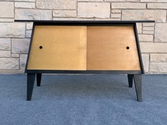 Mid Century Modern Hand Made Black Gold Trapezoid Sliding Door Cabinet Credenza