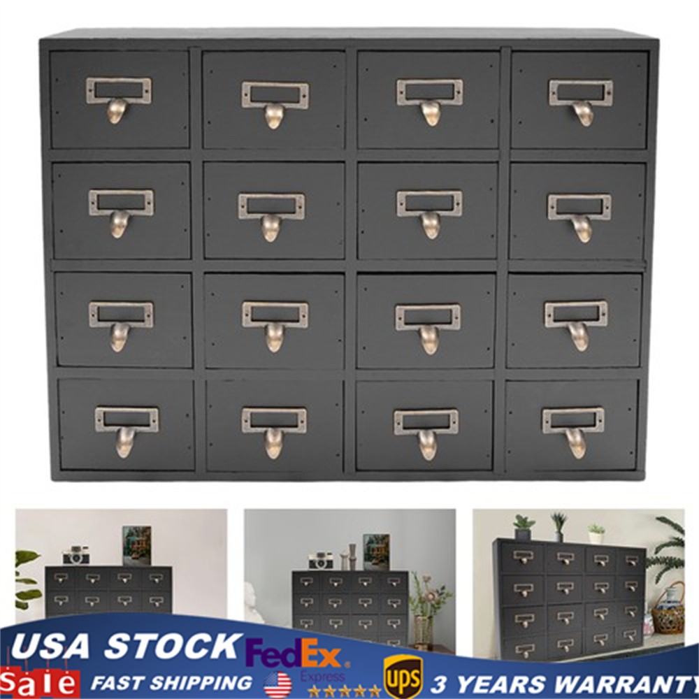 Card Catalog Desk Drawer Organizer – Wooden Storage Box With 16 Drawers – Home