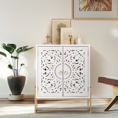 Accent Cabinet w/ 2 Doors Openwork Carved Storage Cabinet Sideboard Buffet White