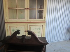 ANTIQUE SECRETARY DESK TOP HUTCH, INLAY ON GLASS, OBO