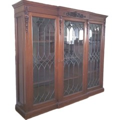 Antique Wood China Cabinet with Leaded Crystal Glass Panels 70″ Wide 3 Doors Key