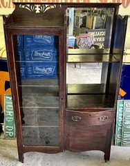 Antique 65×40 Walnut Cabinet w/ 2 Mirrors 6 Shelves Rounded Drawer & Glass Door