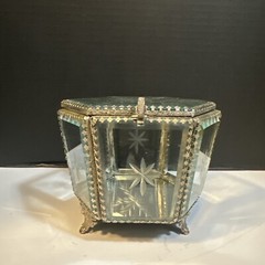 MCM Art Deco Mirrored Floral Etched Hexagonal Glass Jewelry Casket Trinket Box