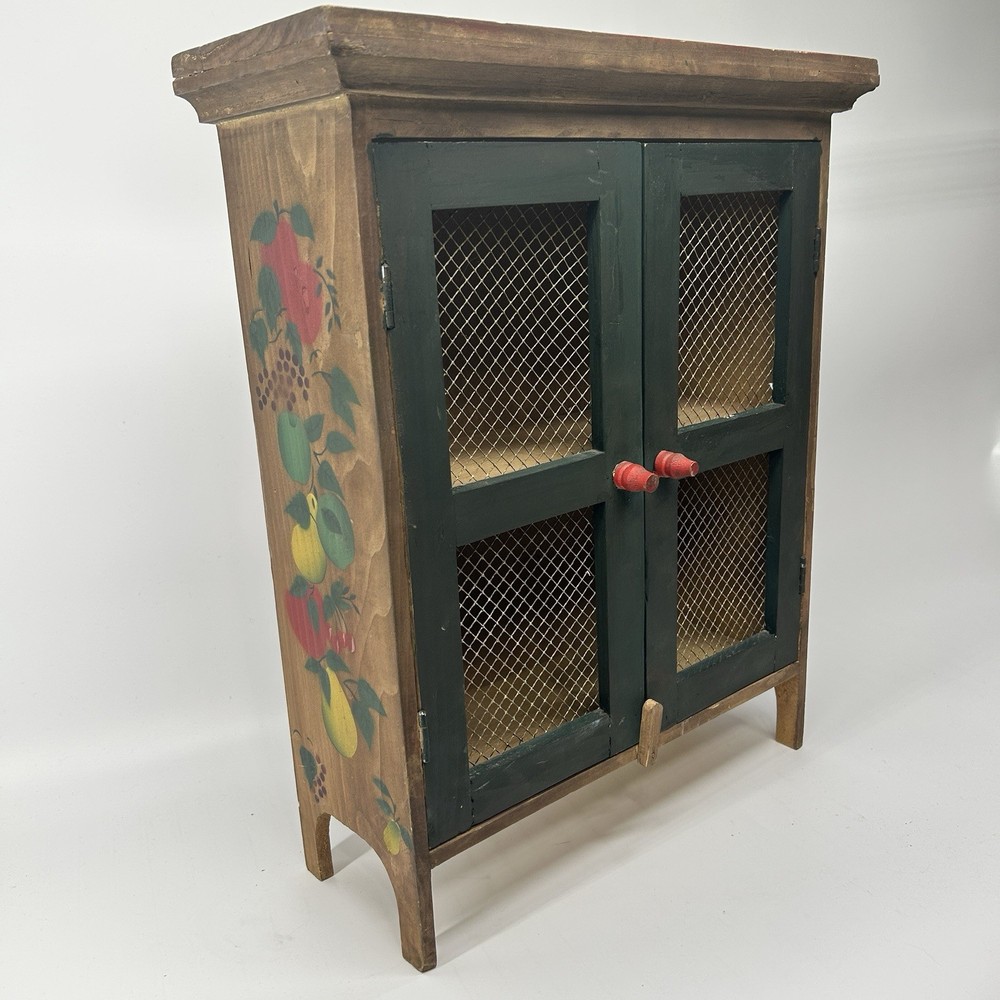 Antique 1890’s Hand-Painted Wooden Mini Cabinet Fruit Motifs Wire Mesh Doors.