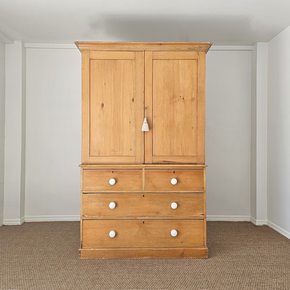 Antique English Pine Linen Press Wardrobe Armoire Cabinet Chest of Drawers Key