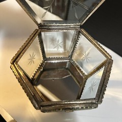 MCM Art Deco Mirrored Floral Etched Hexagonal Glass Jewelry Casket Trinket Box