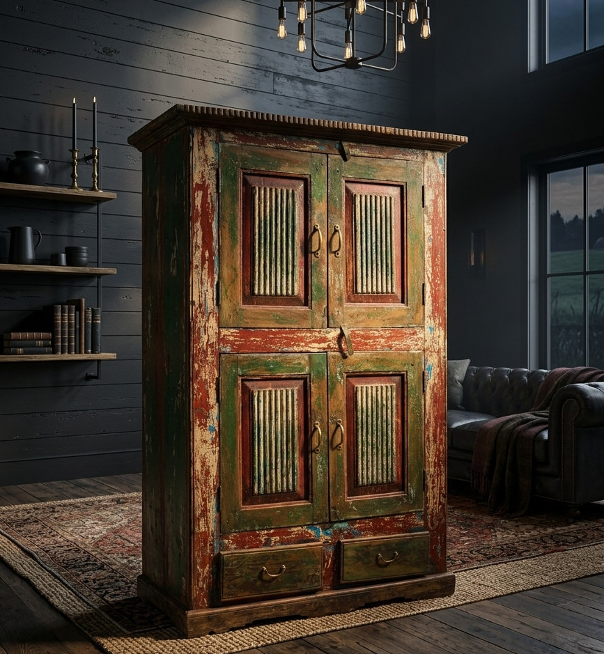 Handmade Rustic Antique Armoire Storage Cabinet Distressed Green Red Finish 70