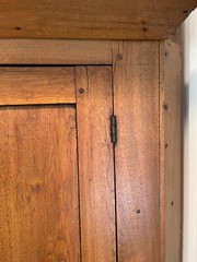 Antique Tennessee walnut 1780s corner cupboard raised panel blind door