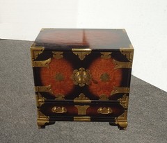 Vintage Asian Korean Tansu Style Burl Cabinet Side Table w Brass Hardware
