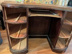 Antique Kidney Shaped Wood & Leather Cabinet w/ Shelves, Brown 32″x30″x24″