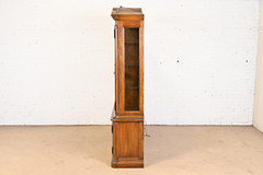 Drexel Heritage French Provincial Carved Oak Lighted Breakfront Bookcase Cabinet
