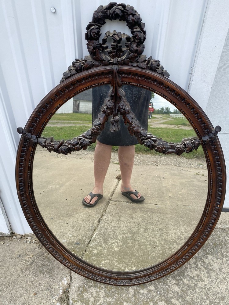 Antique Victorian Walnut Carved Mirror with Garland Swags Black Forest Look