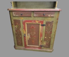 Primitive Antique French Country Style Floral Paint Decorated Step Back Cupboard