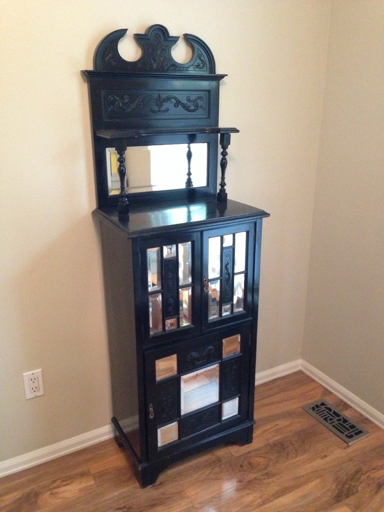 Victorian-Style Black Antique Cabinet with Beveled Mirrors
