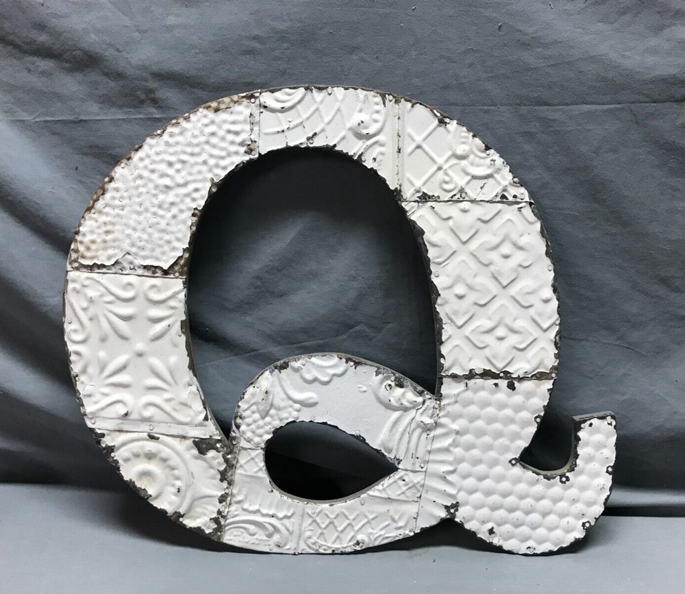 Decorative Salvage Tin Ceiling 16″ Patchwork White Metal VTG Letter Q 1791-24B