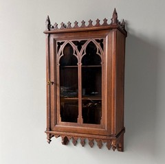French Antique Gothic Revival Solid Oak and Walnut Wood Bar or Wall Cabinet