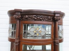 Late 1800s Large Tall Tiger Oak Leaded Stain Glass Curio Cabinet Cupboard 6573
