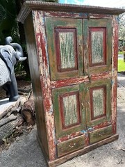 Handmade Rustic Antique Armoire Storage Cabinet Distressed Green Red Finish 70
