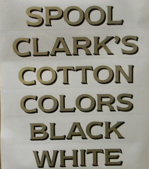 CLARK’S SPOOL CABINET LABEL 6 PIECE SET / GOLD LETTERS with BLACK SHADOW.