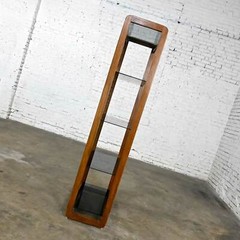 Vintage MCM Oak Frame & Smoked Glass Etagere Display Shelf Bookcase