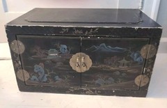 Scarce Vintage Chinese Black Lacquered Painted 2 Door Cabinet 20″x 12″X 11″