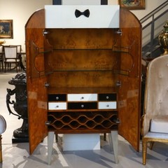 NO TARIFFS! Unique Mahogany and Burl wood Tuxedo Bar Cabinet with LED lighting