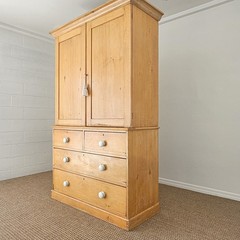 Antique English Pine Linen Press Wardrobe Armoire Cabinet Chest of Drawers Key