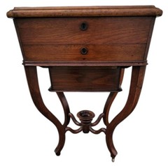 19th C. American Victorian Solid Walnut Sewing Cabinet Jewelry Box Stand /Mirror