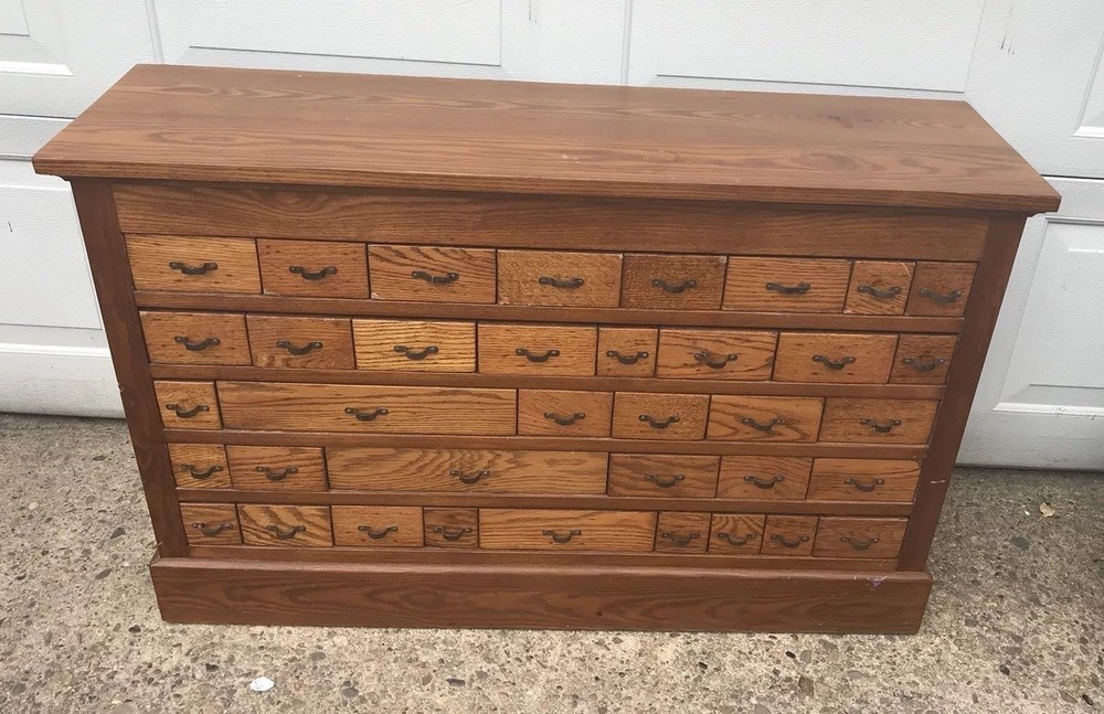 Multi Drawer Antique Oak Store Parts Cabinet 45 In. Wide