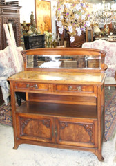 French Antique Burled Walnut Art Nuovo Marble Top Server Cabinet