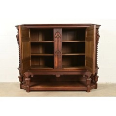 Antique French Gothic Revival Oak Bar Cabinet With Carved Figures, Circa 1890s