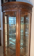 Antique Oak Corner Curio China Cabinet Beveled Glass Carved 80.75″ with Casters