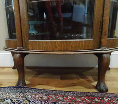 Antique Tiger Oak Curved Glass 2 Pilliar Curio China Cabinet 5 Shelves