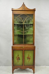 Antique English Adams Style Green Hand Painted Narrow Corner China Cabinet