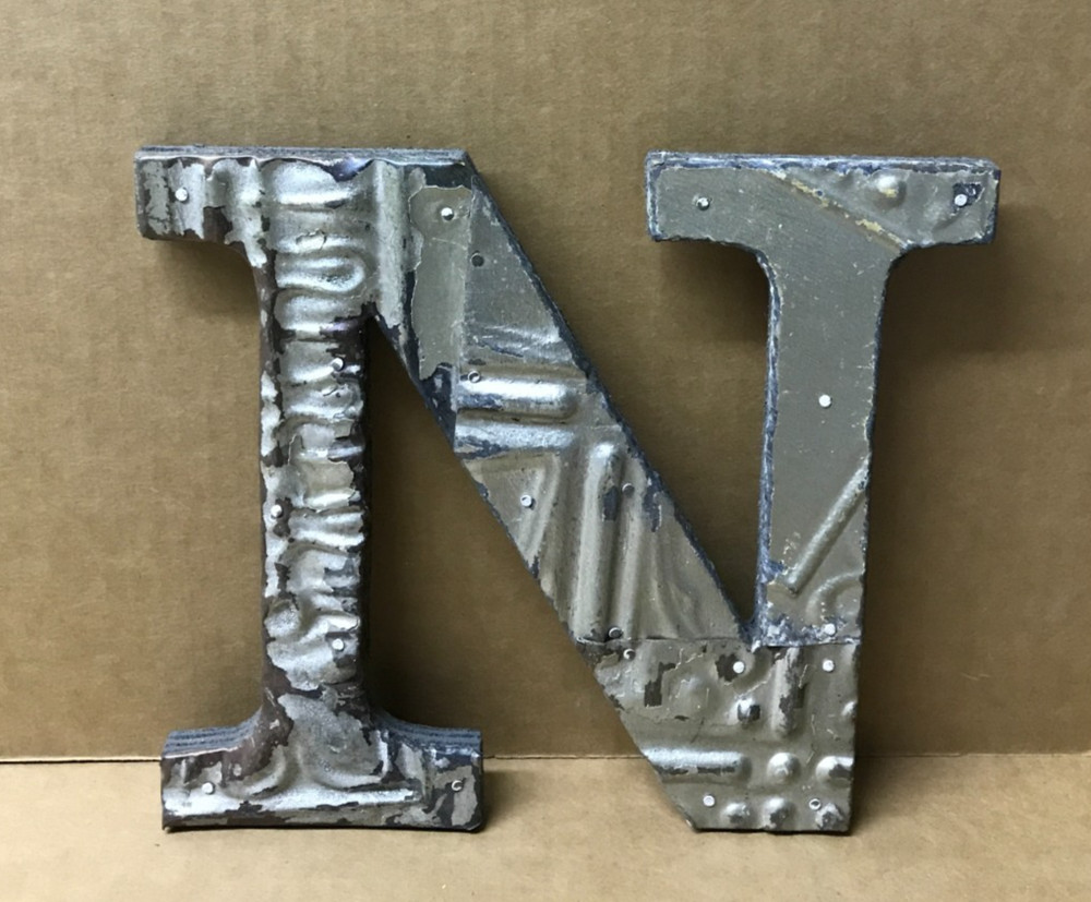 Decorative Salvaged Tin Ceiling 8″ Patchwork Shabby Silver Letter N Old 200-26B