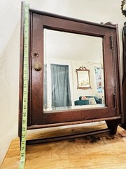 Antique Wall Mounted Wood Locking Medicine Cabinet Mirror Door Towel Rack Shelf