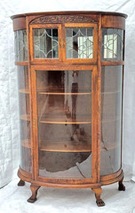 Victorian Oak Bowed Curved Glass China Cabinet with Leaded Glass & Claw Feet