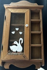 Vintage Country Wall Organizer Cabinet Wood Mesh Door Swan Decor Trinket Shelf