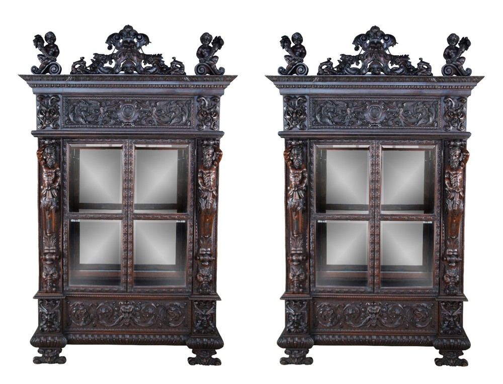 Important Pair Antique R.J. Horner Renaissance Revival Mahogany Bookcase Cabinet