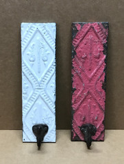 VTG Decorative Set 2 Tin Ceiling Metal Single Hook Wall Rack Plaque Old 403-26B