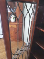 Antique Wood China Cabinet with Leaded Crystal Glass Panels 70″ Wide 3 Doors Key